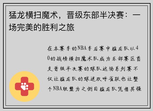 猛龙横扫魔术，晋级东部半决赛：一场完美的胜利之旅