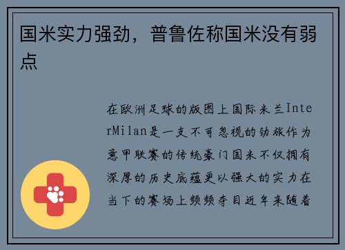 国米实力强劲，普鲁佐称国米没有弱点