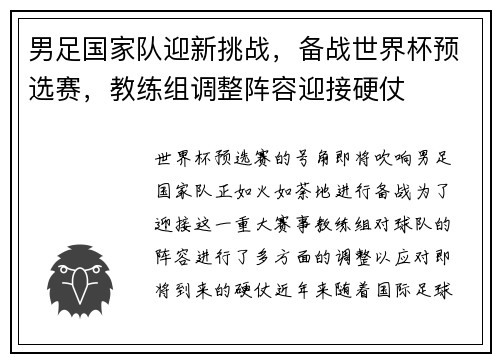 男足国家队迎新挑战，备战世界杯预选赛，教练组调整阵容迎接硬仗